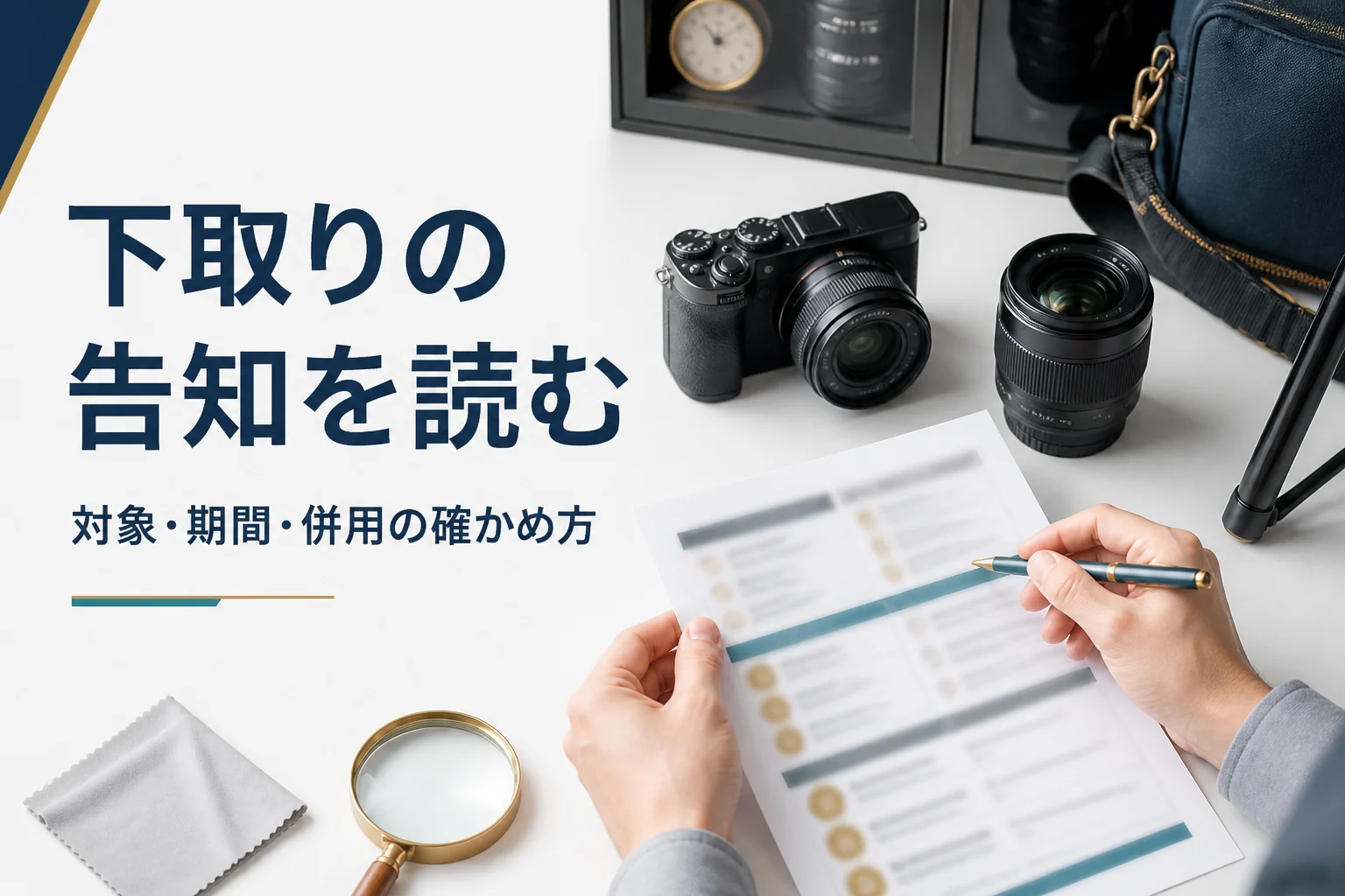 ミラーレスと交換レンズの横で、下取りキャンペーンのチラシの条件欄を確かめている手元