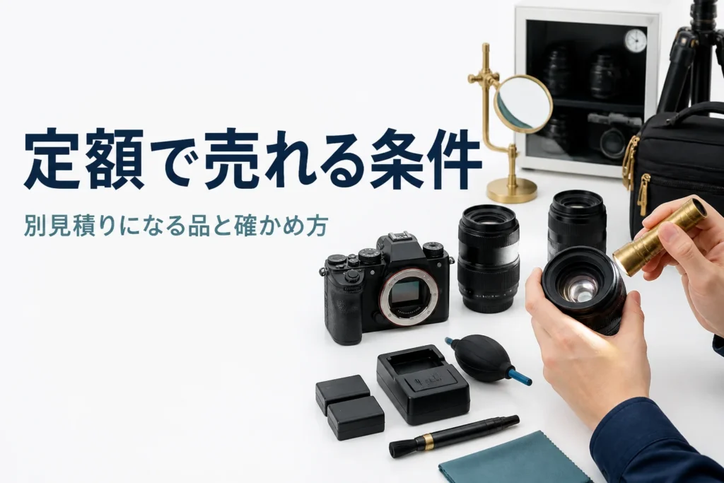 ミラーレスと交換レンズ、バッテリーと充電器を並べ、ライトでレンズの状態を確かめている手元
