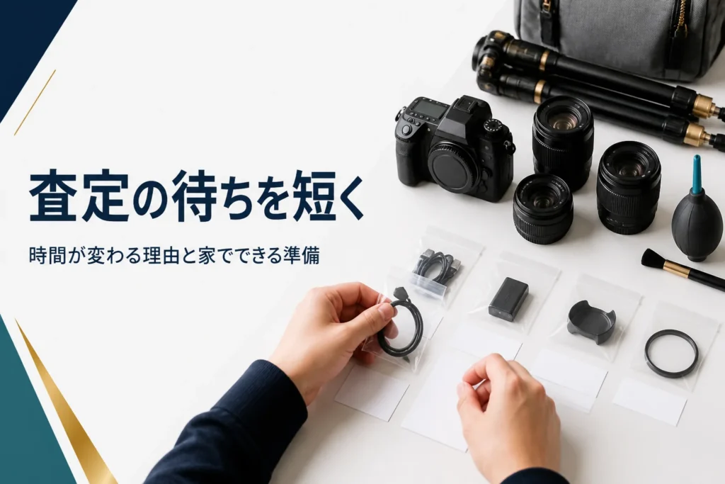 一眼レフと交換レンズの付属品を袋ごとにまとめ、型番のメモを用意して査定の準備をしている手元