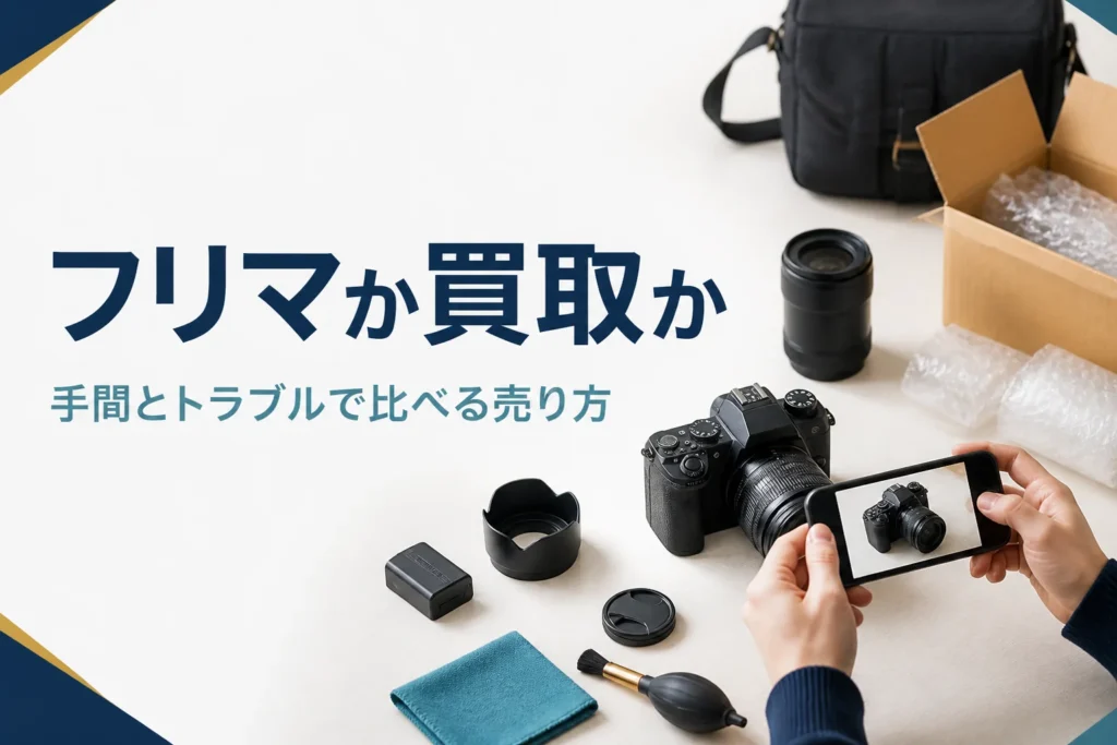 フリマアプリに出品するため、スマホで一眼レフを撮影し梱包材も用意している手元