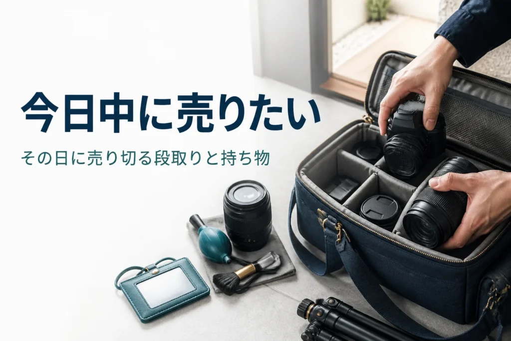 出かける前に一眼レフと交換レンズ、付属品をカメラバッグに詰めて、その日のうちに買取店へ持ち込む準備をしている手元