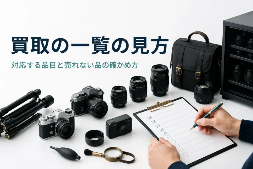 いろいろな種類のカメラとレンズ、アクセサリーを並べて、買取の対象かどうかをチェックしている手元