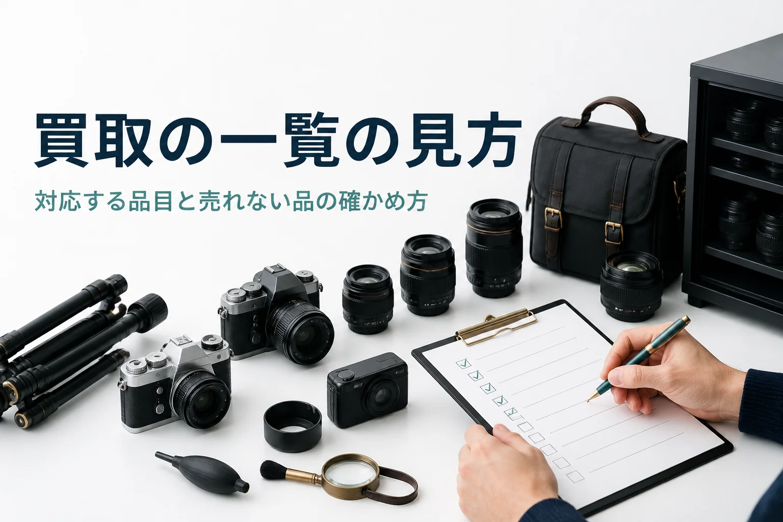 いろいろな種類のカメラとレンズ、アクセサリーを並べて、買取の対象かどうかをチェックしている手元