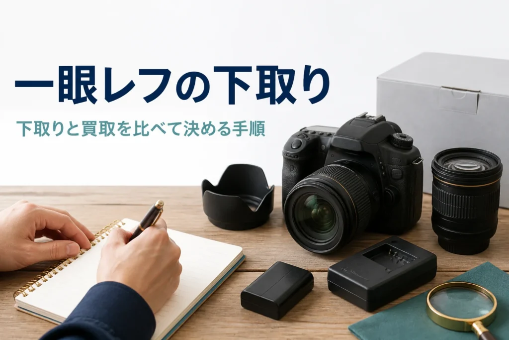 一眼レフと付属品を並べて、下取りと買取の見積りを比べる準備をしている様子