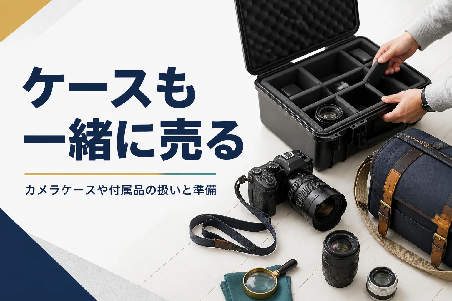 カメラ用ハードケースと一眼レフ、ストラップ、カメラバッグを並べて、まとめて手放す準備をしている様子