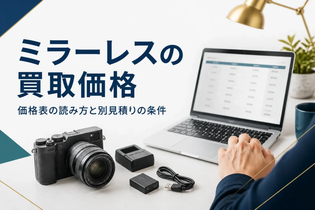 小型ミラーレスカメラと付属品を並べ、パソコンで買取価格表を確かめている様子