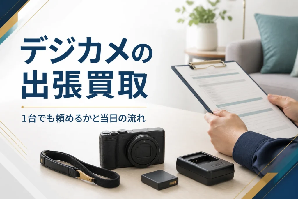 自宅のテーブルにコンパクトデジカメと付属品を並べ、出張買取の査定を受けている様子