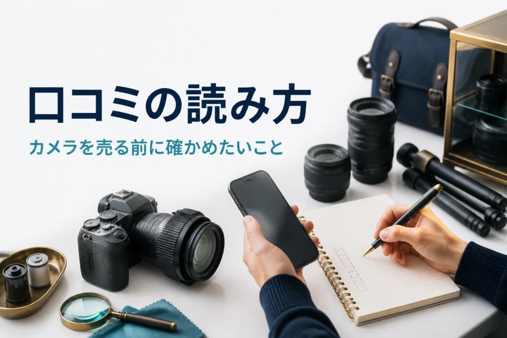 一眼レフと交換レンズの横で、スマートフォンを見ながら買取前に確かめることをメモしている様子