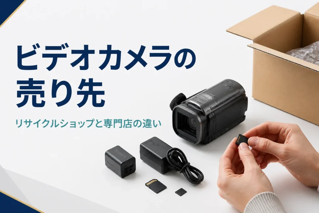 ハンディ型ビデオカメラと付属品を並べ、売る前にメモリーカードを取り出している様子