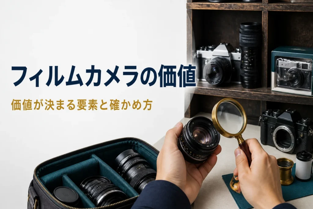 古いフィルム一眼レフと望遠レンズ、未開封のコンパクトカメラの箱を並べ、ルーペで状態を確かめている様子