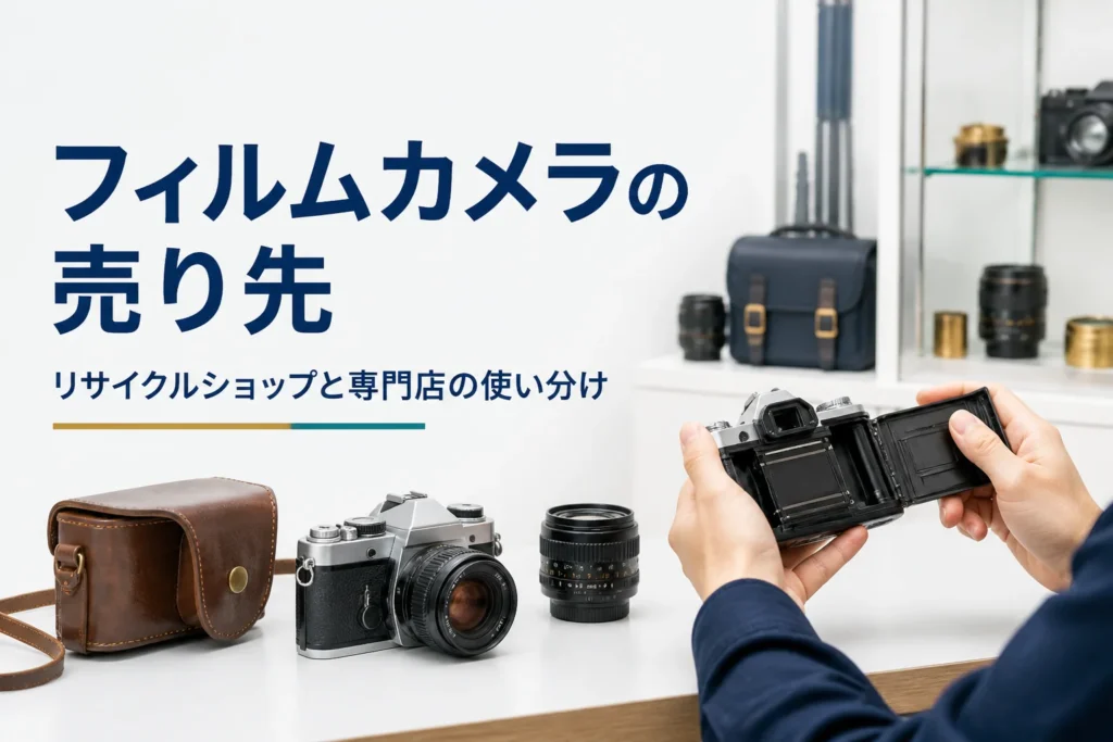 買取カウンターにフィルム一眼レフと交換レンズ、革ケースを置き、状態を確かめている様子
