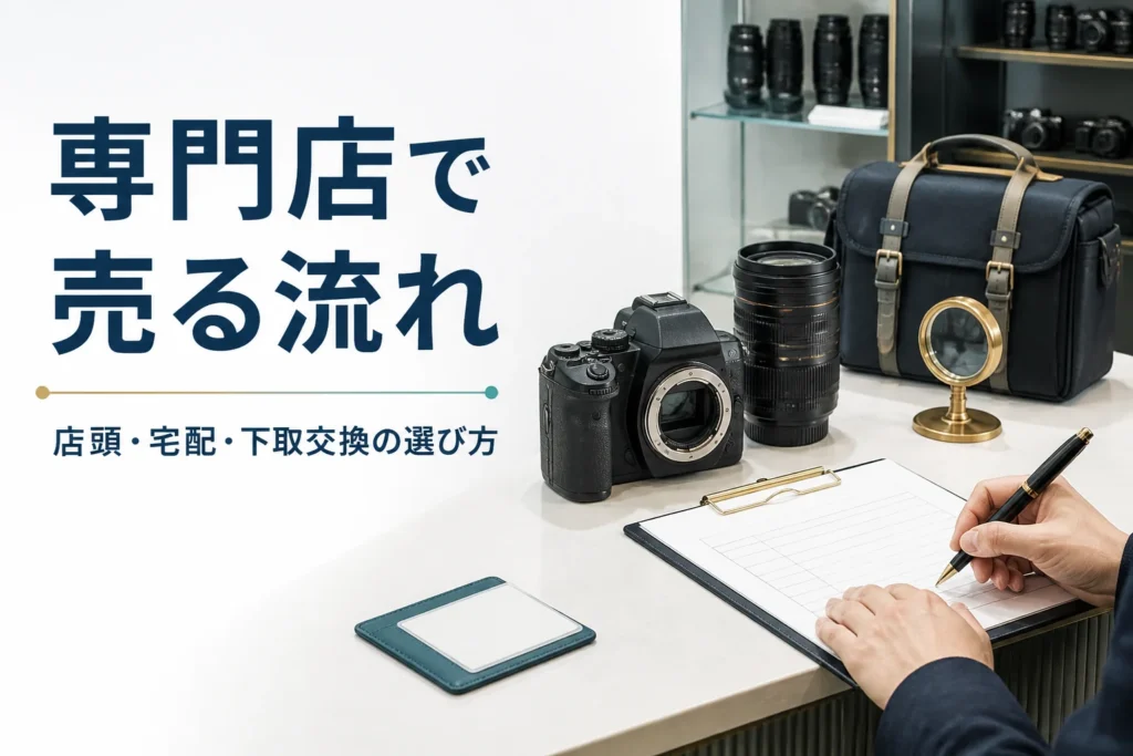 カメラ専門店の買取カウンターで、一眼レフと交換レンズを出して手続きをしている様子