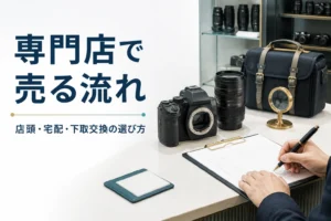 カメラ専門店の買取カウンターで、一眼レフと交換レンズを出して手続きをしている様子