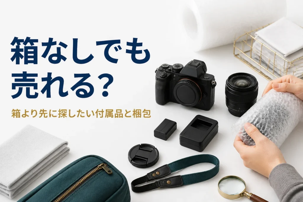 元箱の無い一眼レフと交換レンズの横に付属品を並べ、クッション材で包んでいる様子