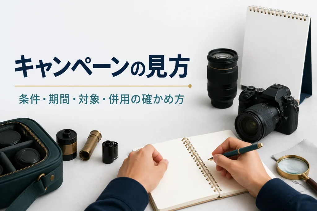 一眼レフと交換レンズの横で、カレンダーを見ながらキャンペーンの条件をノートに書き出している様子
