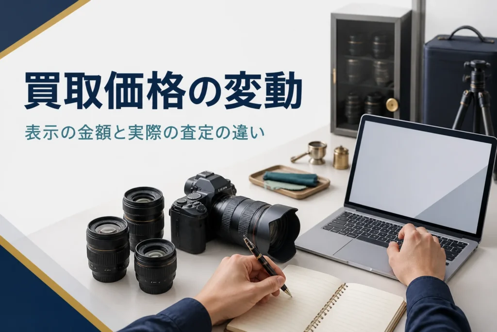 交換レンズと一眼レフを並べ、パソコンで買取価格を見比べながらメモしている様子