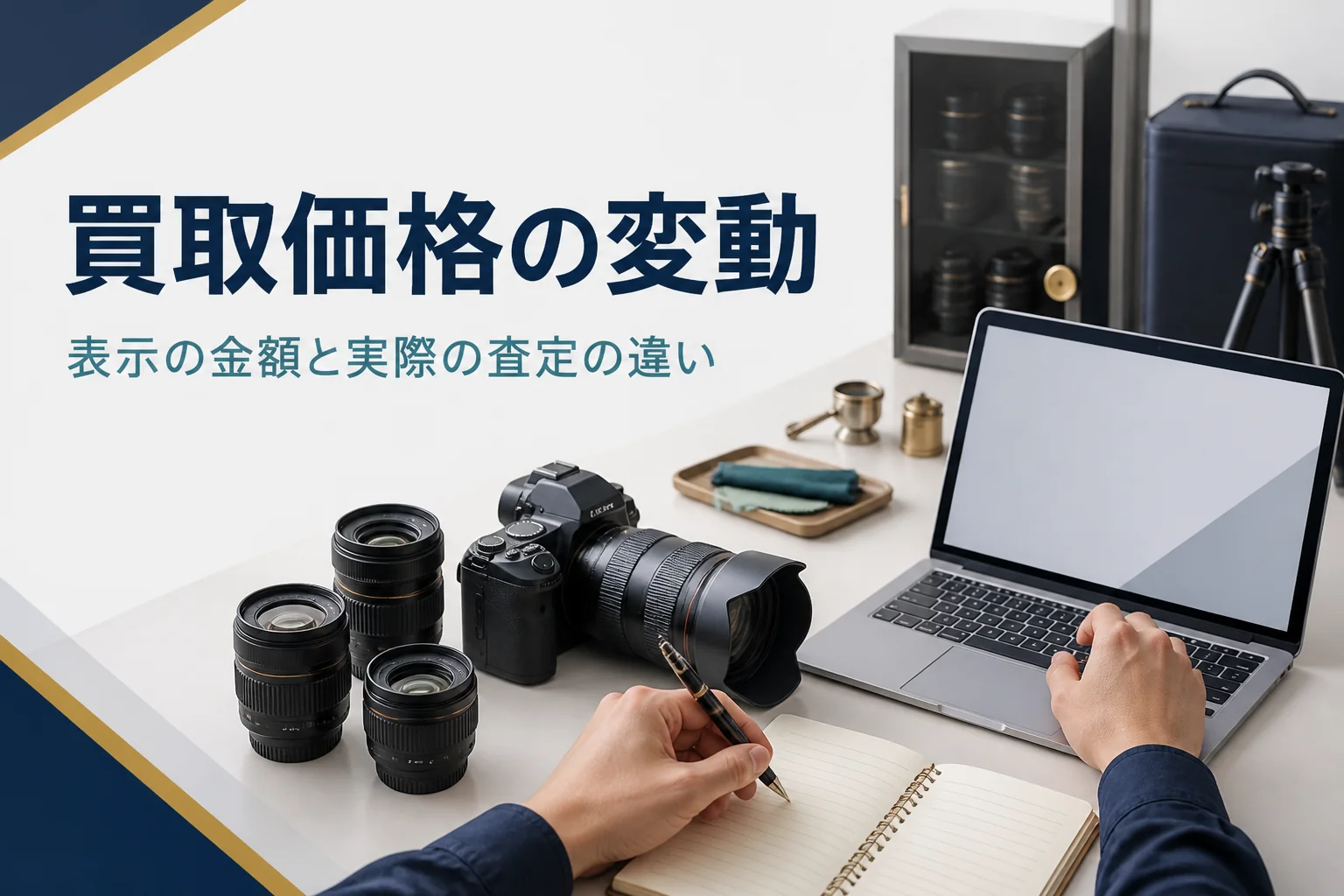 交換レンズと一眼レフを並べ、パソコンで買取価格を見比べながらメモしている様子