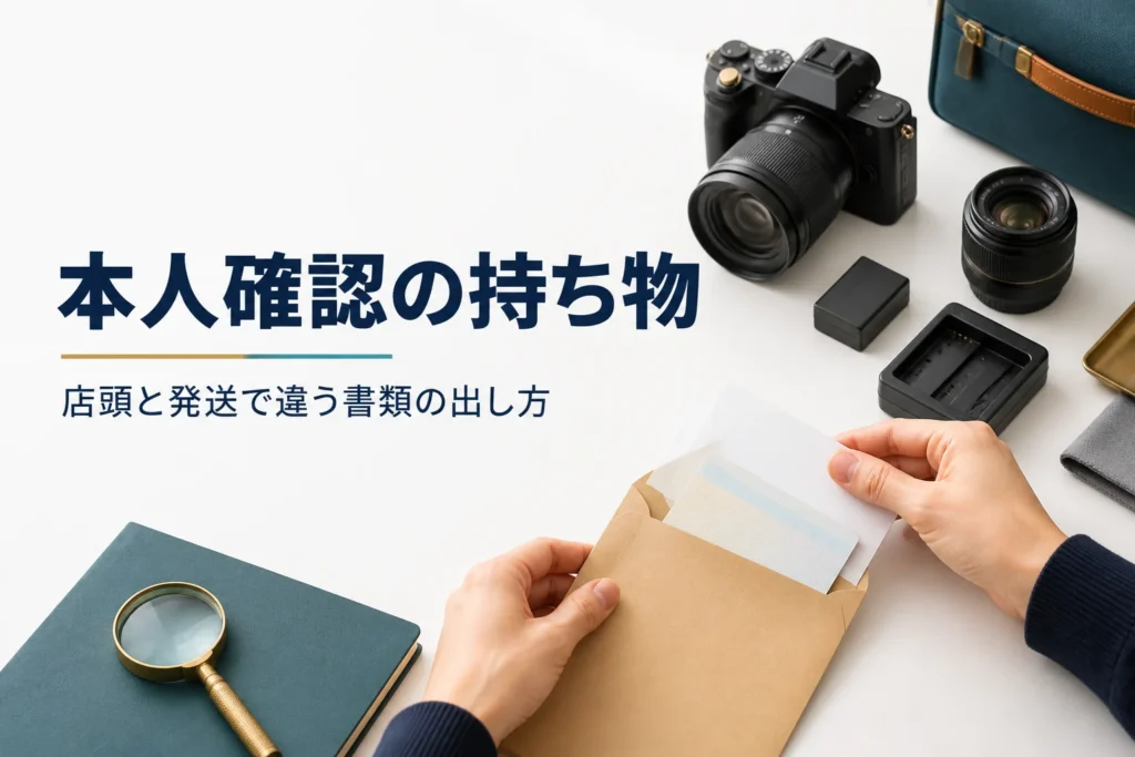 ミラーレスカメラと付属品の横で、発送買取に同梱する本人確認書類を封筒に入れている様子
