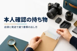 ミラーレスカメラと付属品の横で、発送買取に同梱する本人確認書類を封筒に入れている様子