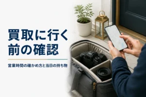 一眼レフと交換レンズをカメラバッグに入れ、出かける前にスマートフォンで店舗案内を確かめている様子