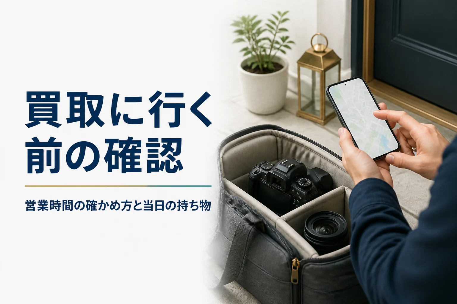 一眼レフと交換レンズをカメラバッグに入れ、出かける前にスマートフォンで店舗案内を確かめている様子