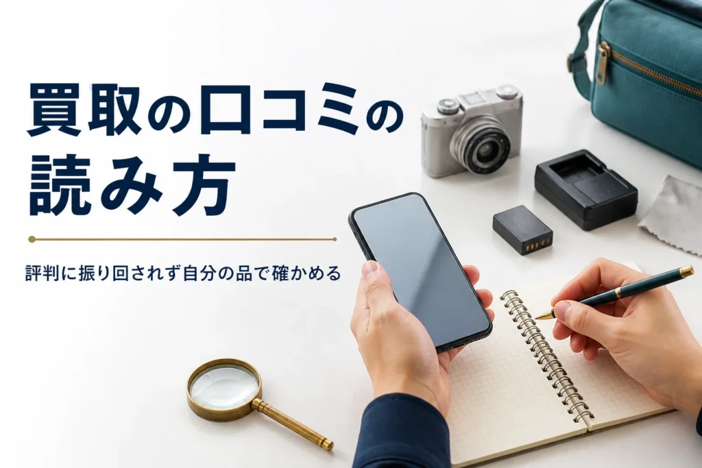 コンパクトデジカメと付属品を並べ、スマホで口コミを見ながらメモを取っている様子
