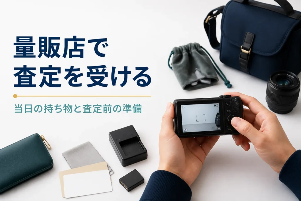 コンパクトデジカメと付属品、本人確認書類を並べて査定の準備をしている様子