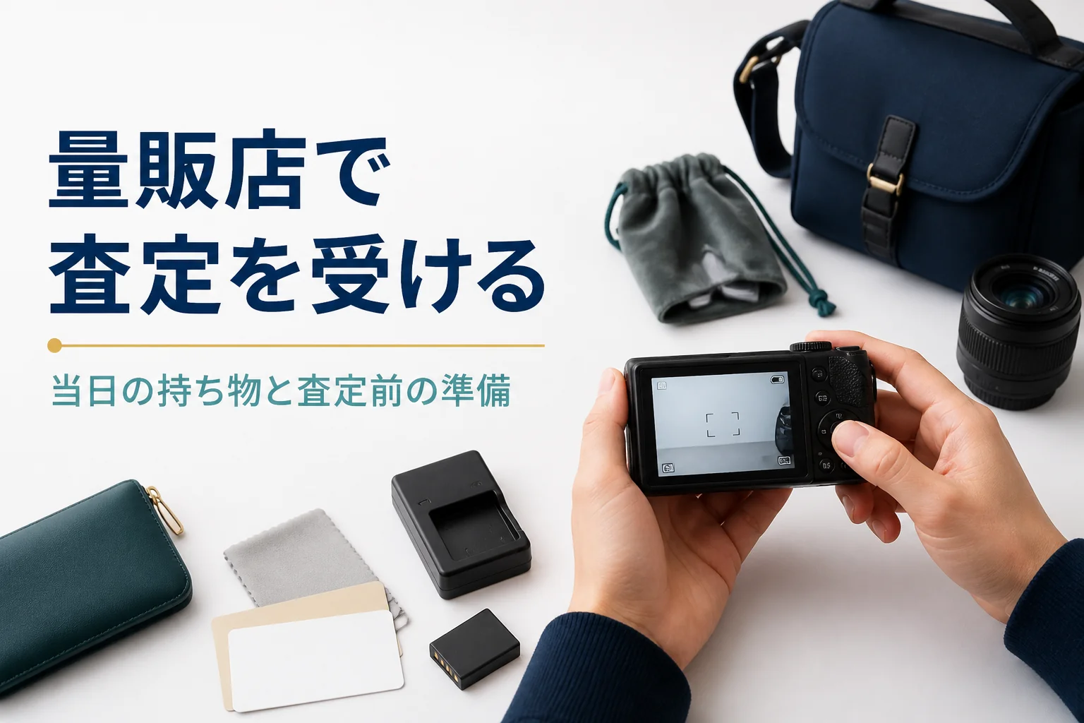 コンパクトデジカメと付属品、本人確認書類を並べて査定の準備をしている様子