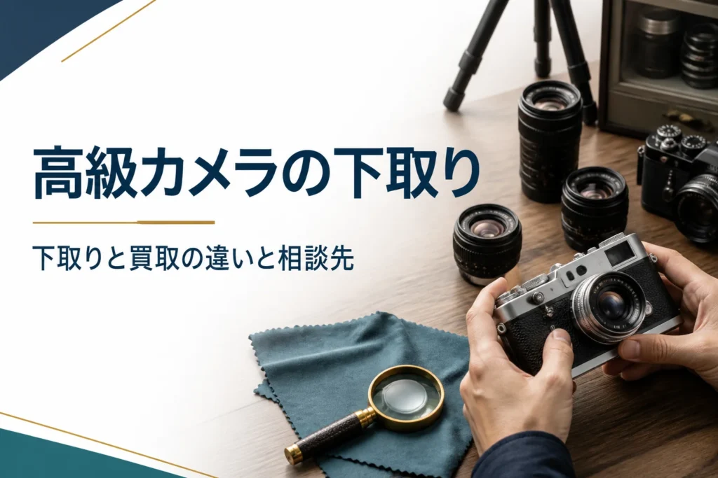 クラシックなフィルムカメラと交換レンズを机に並べ、下取りに出す前に状態を確かめている様子