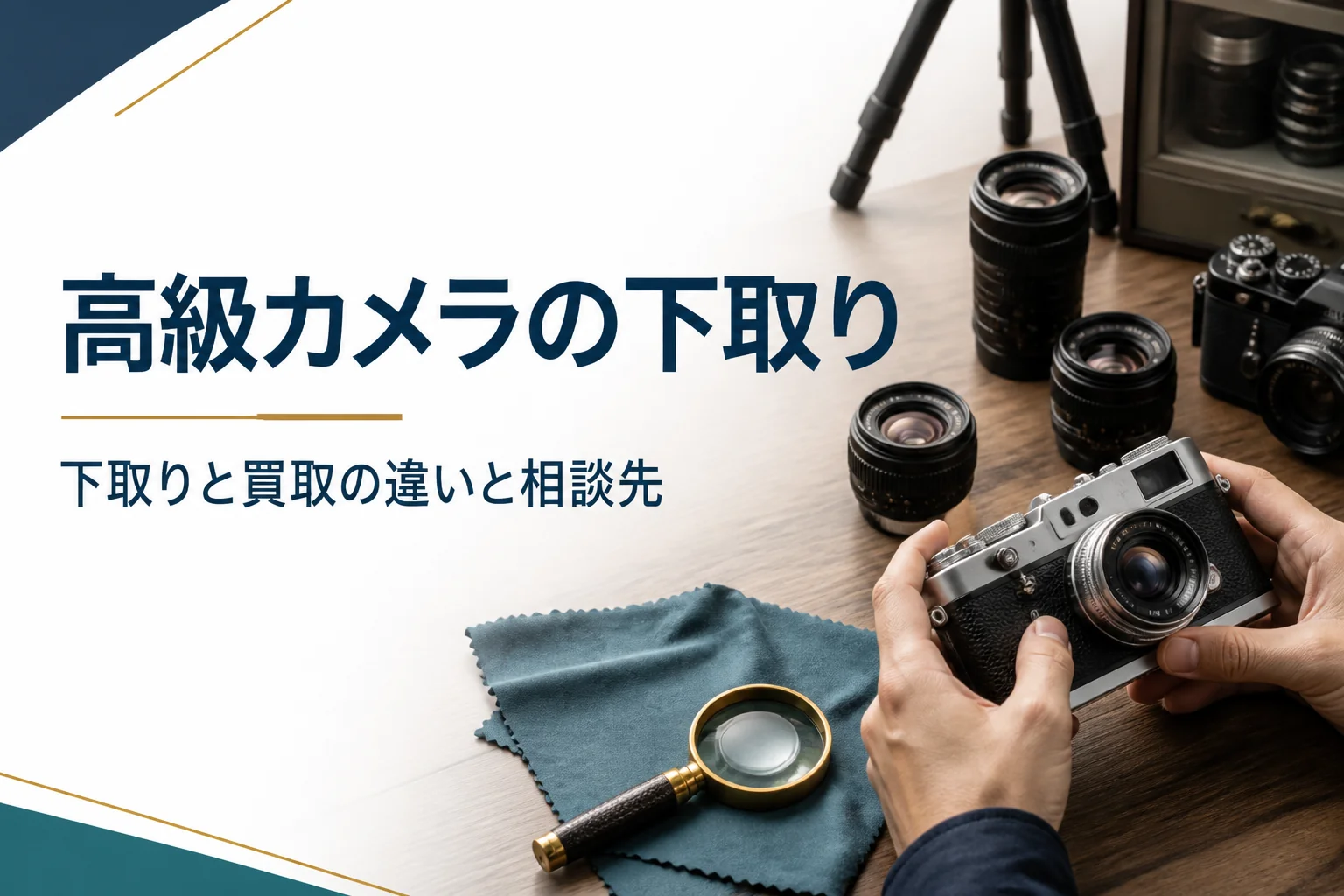 クラシックなフィルムカメラと交換レンズを机に並べ、下取りに出す前に状態を確かめている様子
