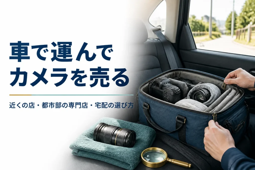 一眼レフと交換レンズをカメラバッグに入れ、車で持ち込む準備をしている様子