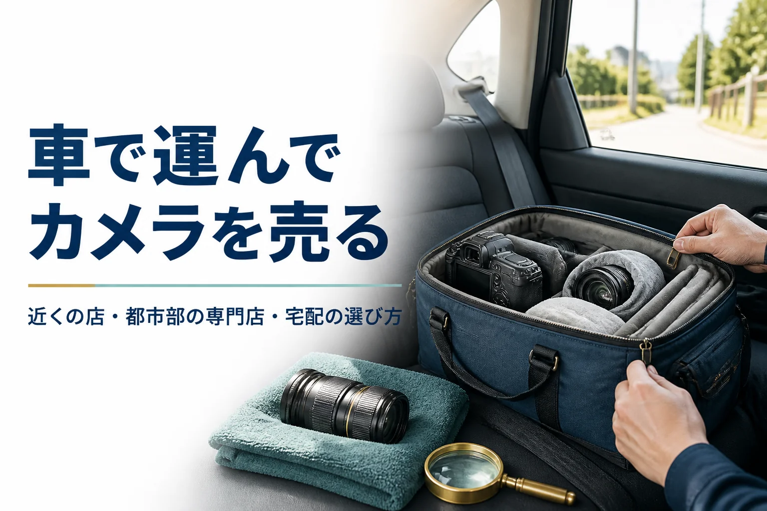 一眼レフと交換レンズをカメラバッグに入れ、車で持ち込む準備をしている様子