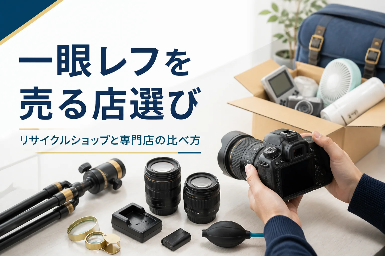 一眼レフと家電などの不用品を並べ、どこに売るか考えている様子
