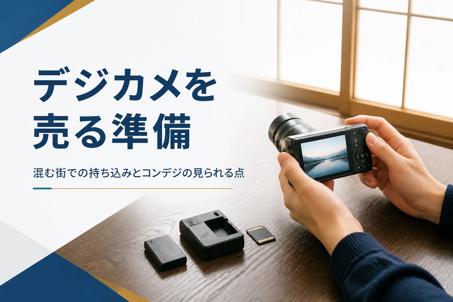 コンパクトデジカメのレンズと液晶を確かめ、売る準備をしている様子
