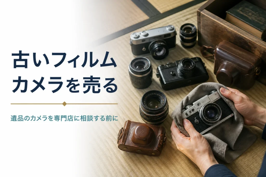 実家で見つかった古いフィルムカメラとレンズを並べ、売る準備をしている様子
