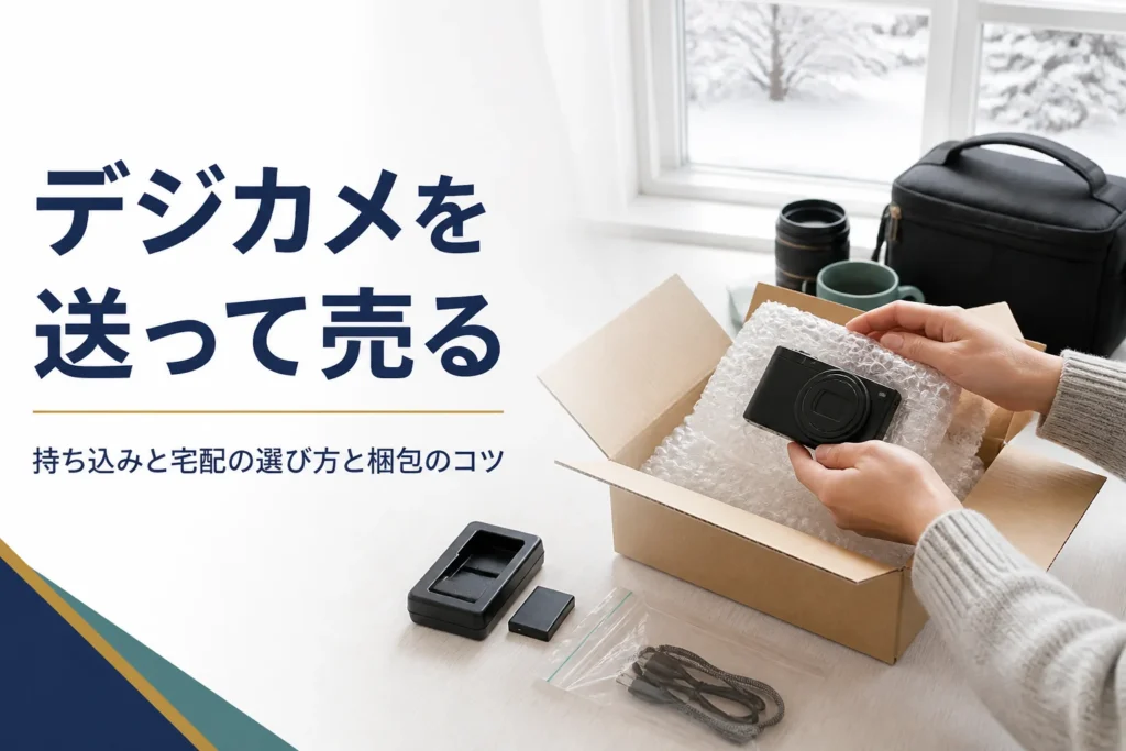 コンパクトデジカメを緩衝材で包み、段ボール箱に梱包している様子