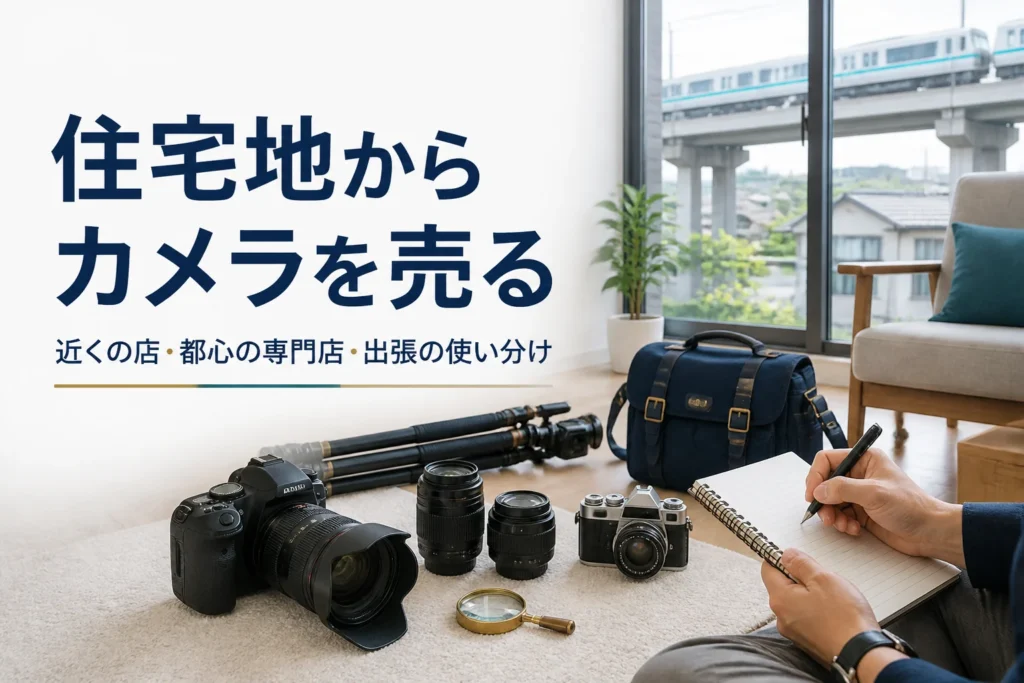 自宅で一眼レフやレンズを並べ、どこに売るか考えている様子
