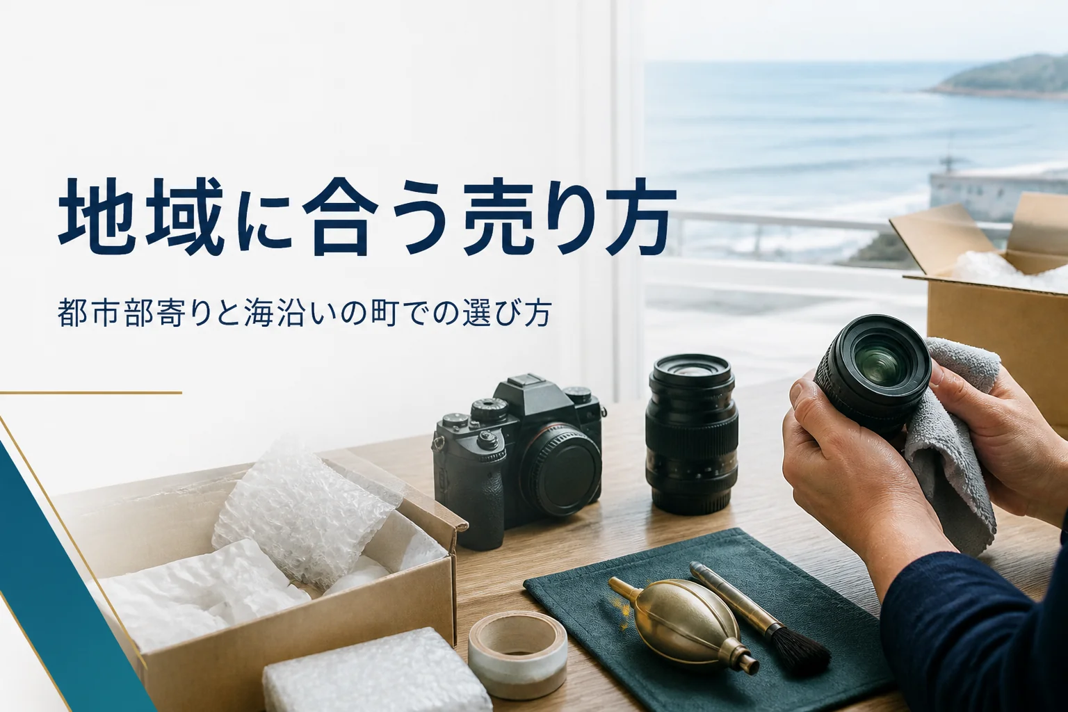 海沿いの家で一眼レフと交換レンズを梱包する準備をしている様子