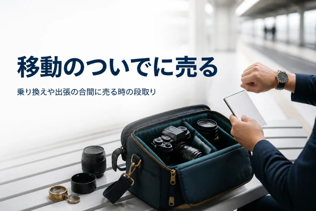 駅でカメラバッグを手に、移動の合間に売る段取りを確かめている様子