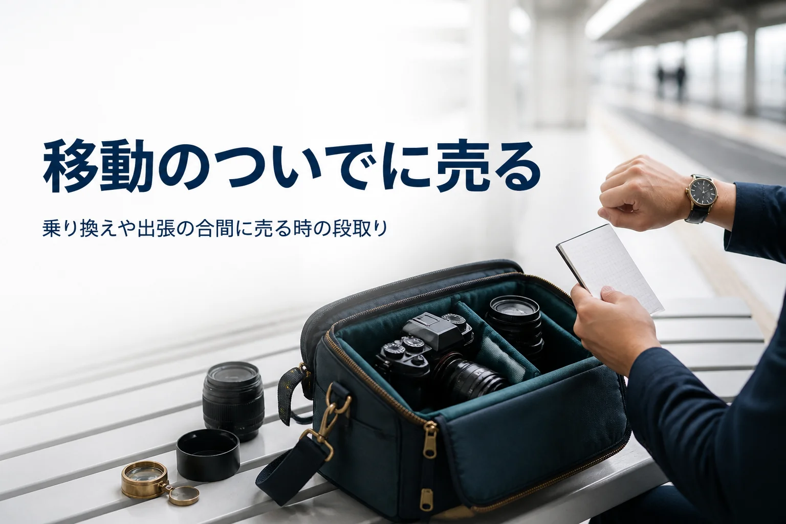駅でカメラバッグを手に、移動の合間に売る段取りを確かめている様子