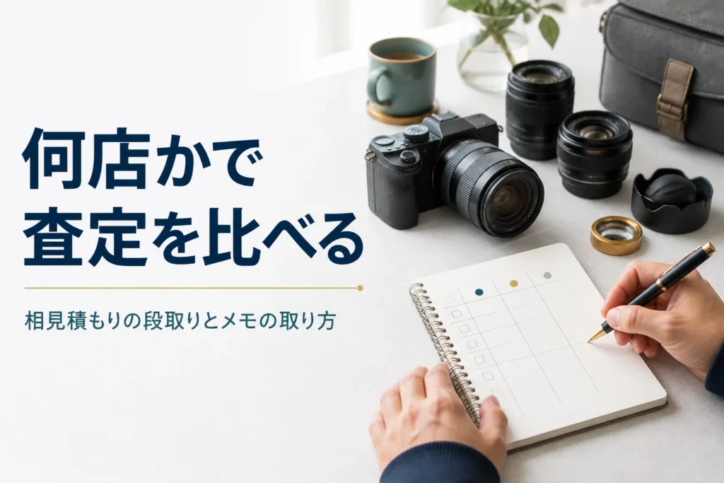 カメラと付属品を前に、何店かの査定結果をメモで比べている様子