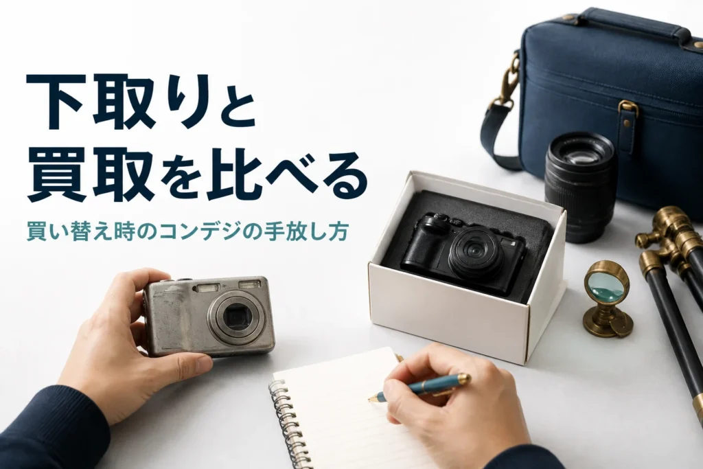 古いコンパクトデジカメと新しいカメラの箱を並べ、下取りか買取かを考えている様子