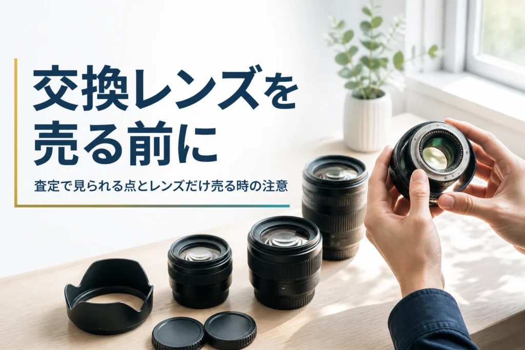 交換レンズを光にかざして、カビやクモリがないか確かめている様子