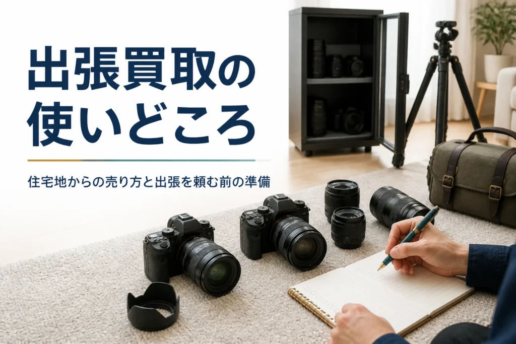 自宅でカメラとレンズをまとめて並べ、出張買取を頼む準備をしている様子
