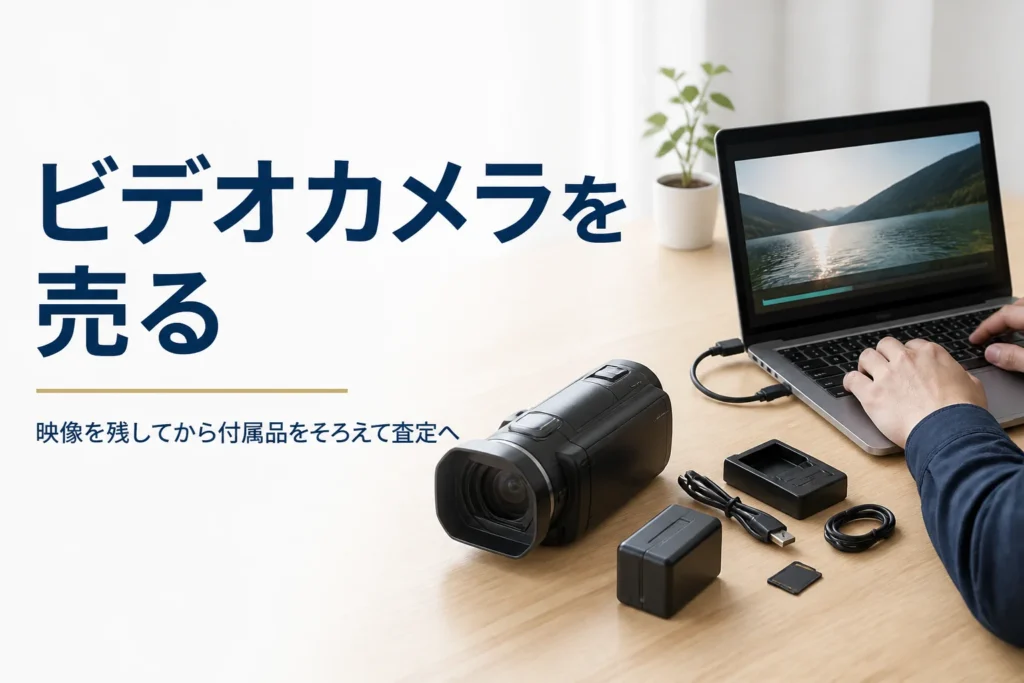 ビデオカメラと付属品を並べ、売る前に映像をパソコンへ保存している様子