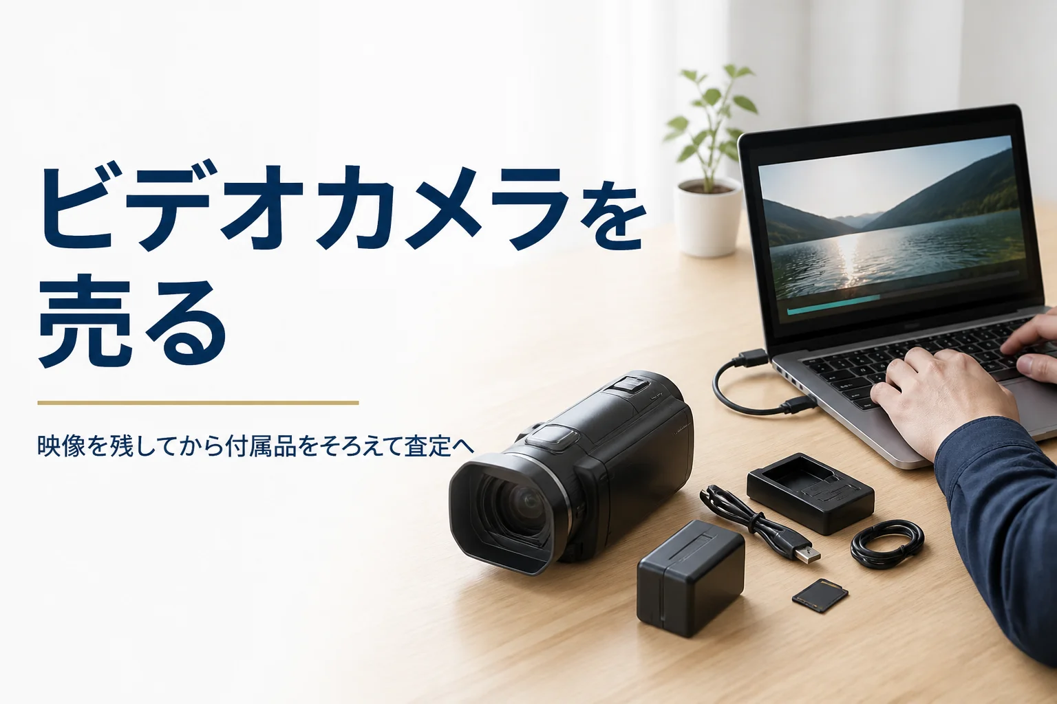 ビデオカメラと付属品を並べ、売る前に映像をパソコンへ保存している様子