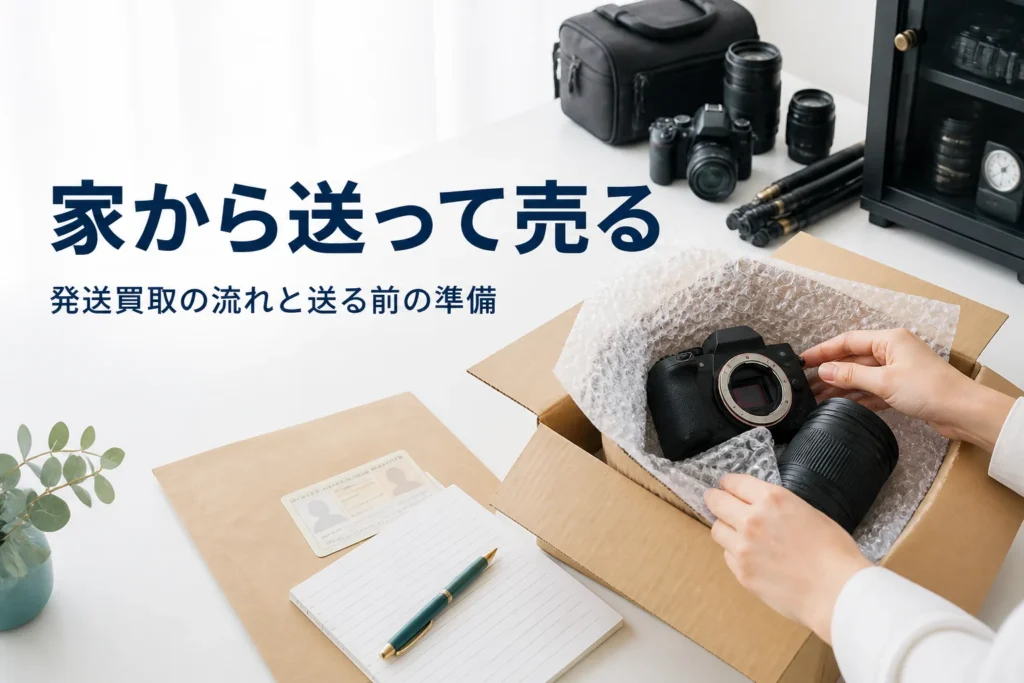 ミラーレスと交換レンズを緩衝材で包み、段ボール箱に詰めて発送の準備をしている様子