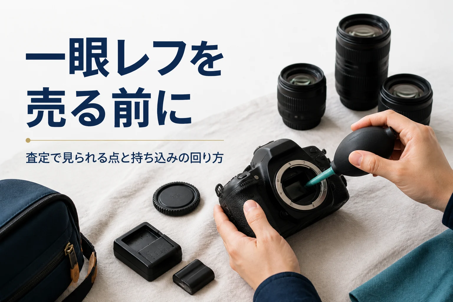 一眼レフボディと交換レンズ、付属品を並べてブロアーでほこりを払っている様子