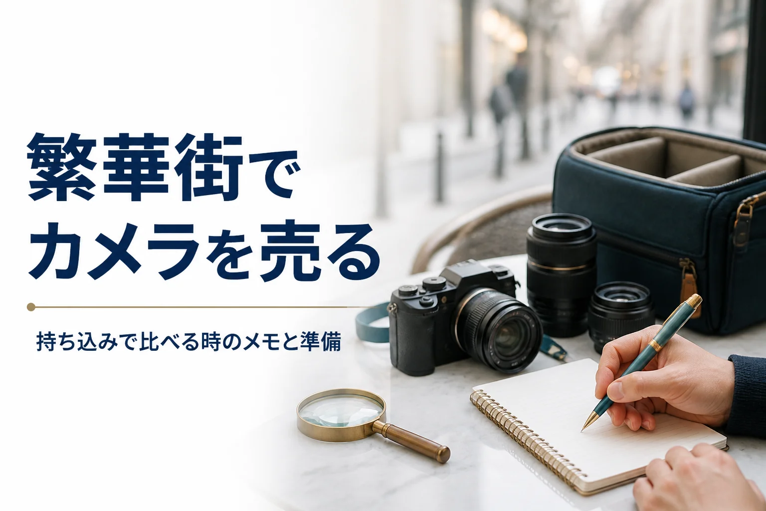 カメラとレンズをバッグの横に置き、査定の内容をメモ帳に書き込んでいる様子