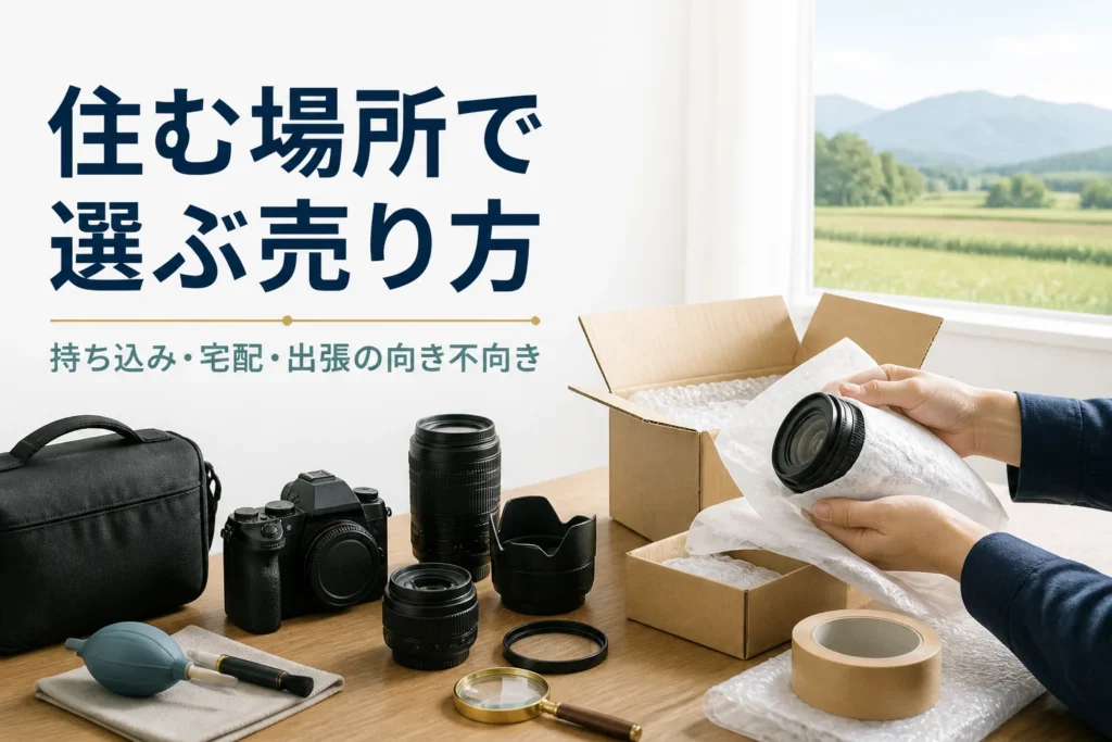 一眼レフと交換レンズを段ボール箱の横に並べ、宅配で送る準備をしている様子